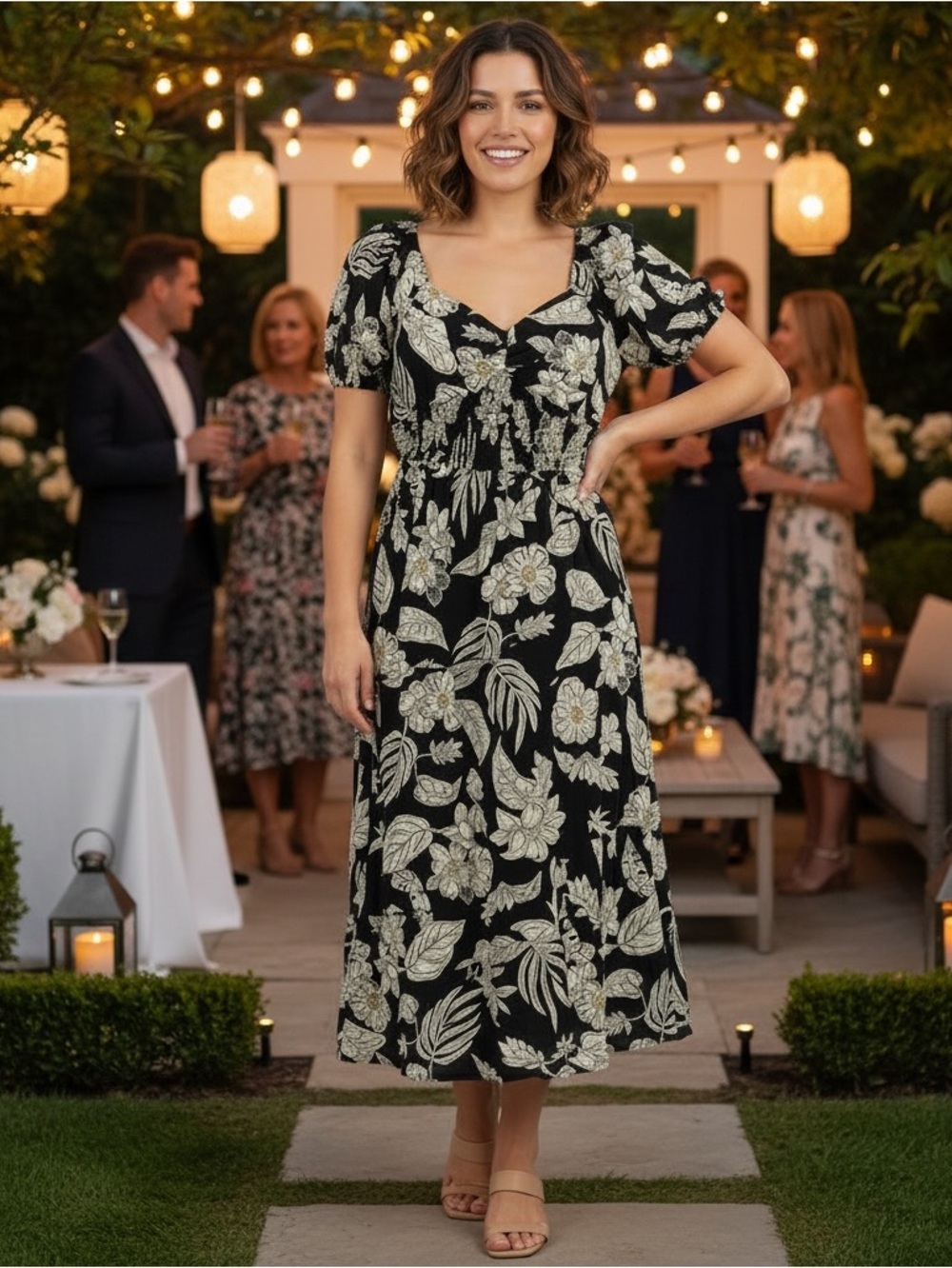 Umgee Black Midi Dress - Ivory  Floral Print & Puff Sleeves - Lined - NWT
